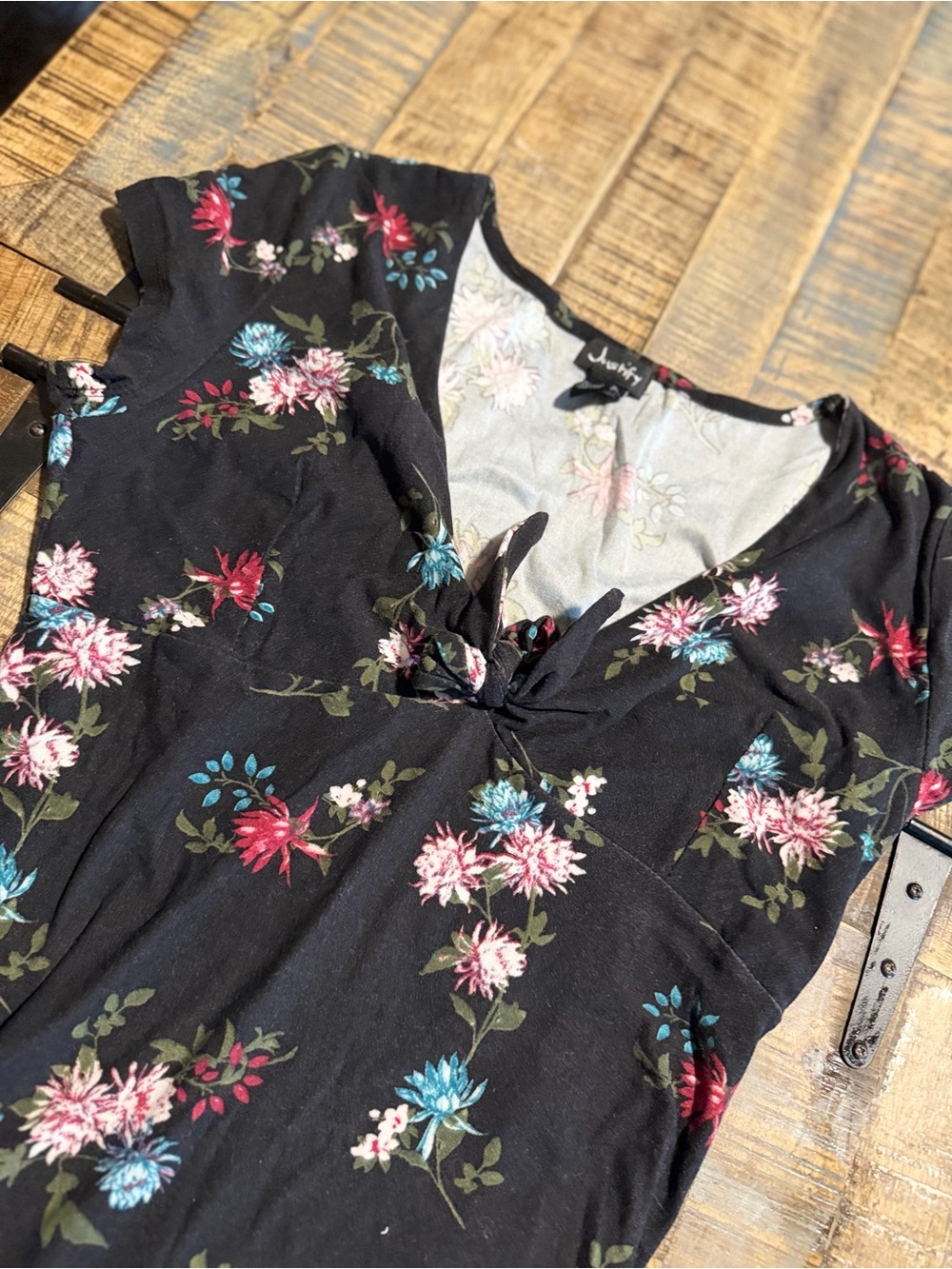 Justify Black Floral Tie-Front Camisole with Pink & Blue Blooms